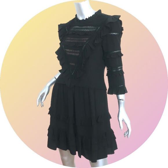 Rebecca Taylor SILK Black Goth Prairie Ruffle Wednesday Dress MSRP $495 Size 4 S - Picture 11 of 13